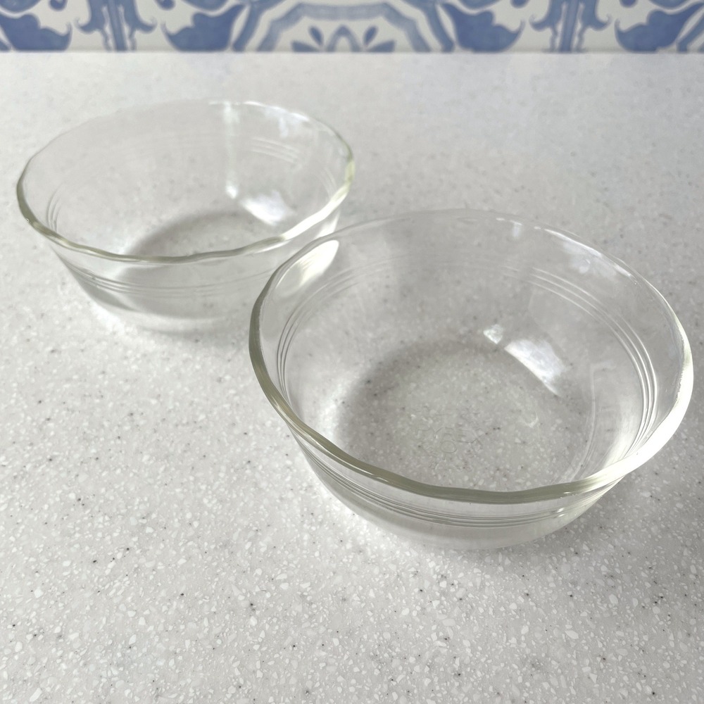 Vintage PYREX Clear Glass Custard Cups Set of 2 10oz Triple Ring Made in USA
